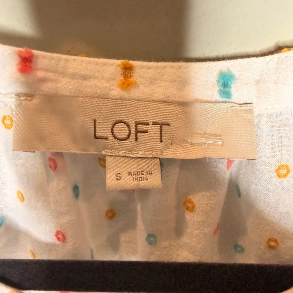 LOFT Clipped Dot Blouse Women Small White Multi Puff Sleeve Cotton Top